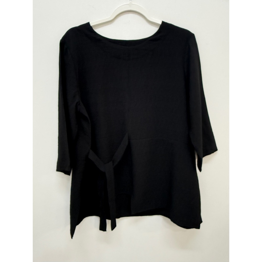 Nicha Top Black Rayon Blend 3/4 Sleeve Side Tie Asymmetrical Split Hem